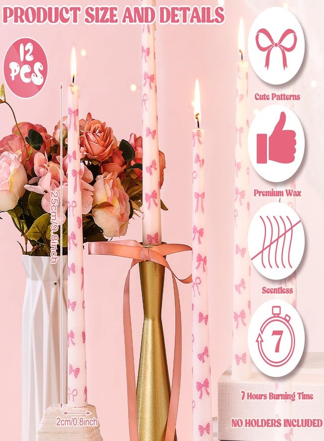 Conelist 12 Pcs Pink Bow Taper Candles 10 Inch Tall Bow Print Pillar Candles Bow Themed Party Decorations for Valentine's Day, Birthday, Wedding, Anniversary Dinner - Image 3