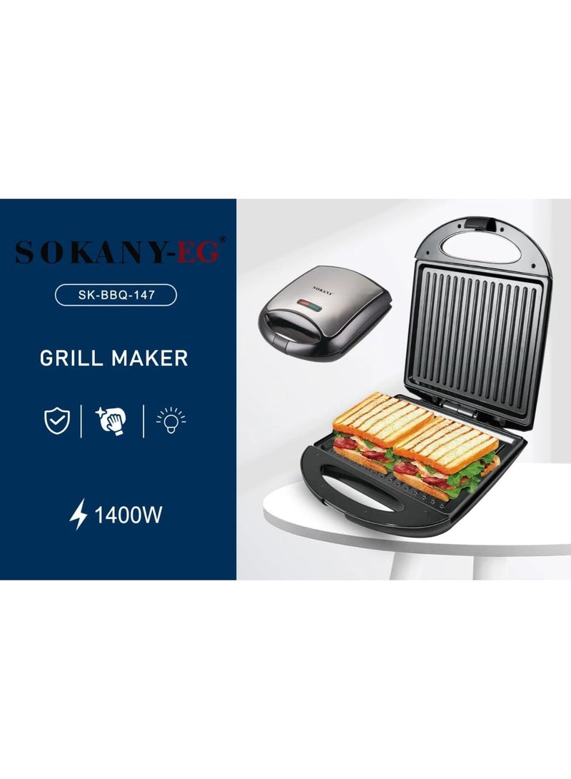 SOKANY SK-BBQ-147 Electric Grill Maker – 1400W Non-Stick Sandwich Press, Compact Design, Fast Heating for Home BBQ & Breakfast - Image 3
