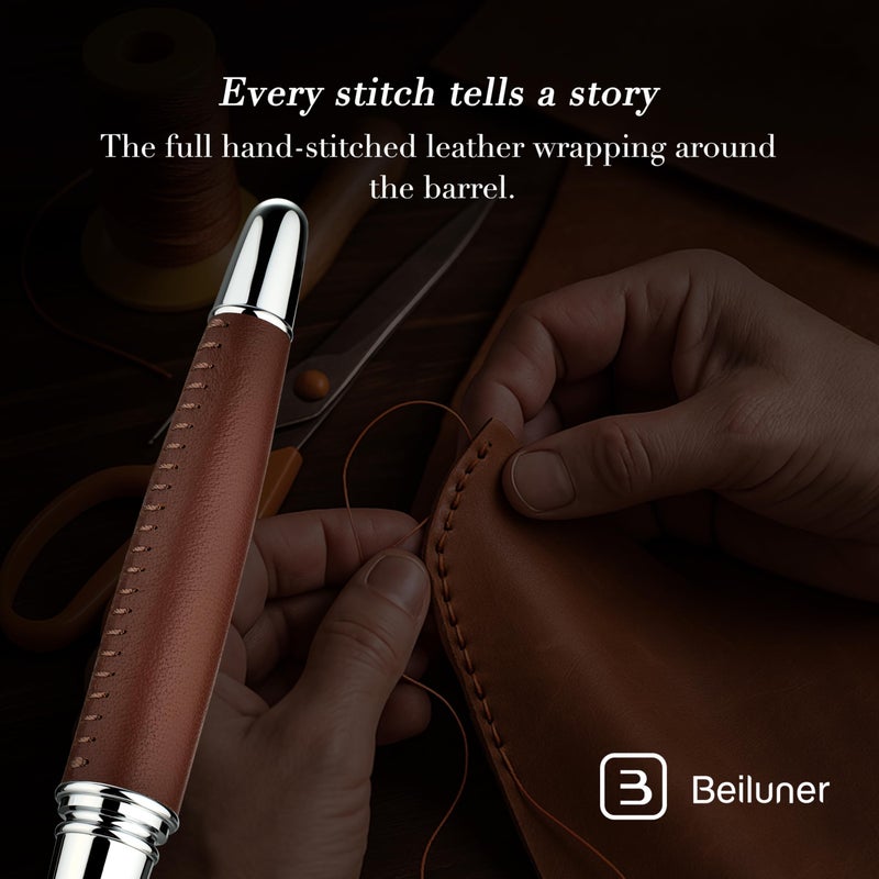 BEILUNER 318 Luxury Leather Pen, Hand-Stitched Premium Leather, Chrome-Plated Finish, Schmidt Ink Refill, Fancy Rollerball Pen Gift Set for Men & Women, Executive Writing, Nice Designer pen - Image 3
