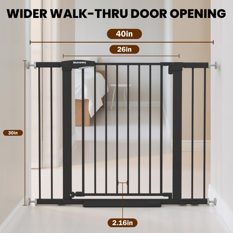 Mumeasy Baby Gate with Door, 26-40" Auto Close Dog Gate Indoor for Stairs Doorways, Easy Install Pressure Mounted Pet Gate, Easy Walk Through Child Safety Gate for The House, Black - Image 2