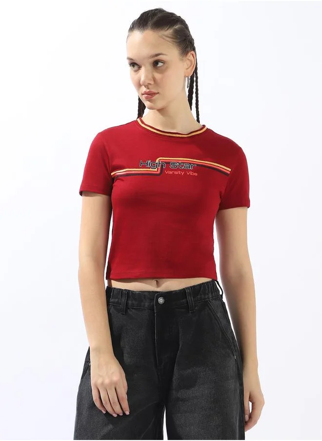 هاي ستار Women's Maroon 100% Cotton Printed Slim Fit T-Shirt