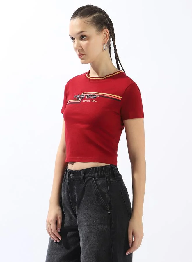HIGH STAR Women's Maroon 100% Cotton Printed Slim Fit T-Shirt