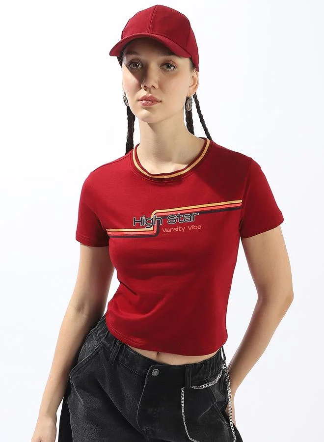 HIGH STAR Women's Maroon 100% Cotton Printed Slim Fit T-Shirt
