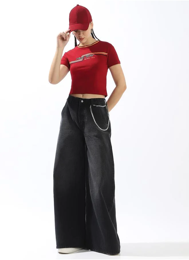 هاي ستار Women's Maroon 100% Cotton Printed Slim Fit T-Shirt
