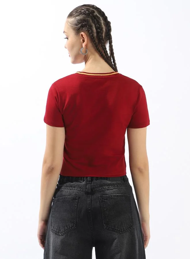 HIGH STAR Women's Maroon 100% Cotton Printed Slim Fit T-Shirt