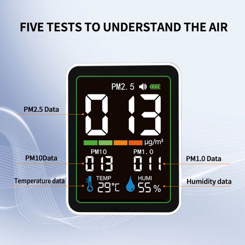 5-in-1 Indoor Particle Monitor with Laser Sensor, PM1.0 PM2.5 PM10 Tracking, Temperature & Humidity Display, LCD Color Screen, USB-C Rechargeable, Portable Design - Image 3
