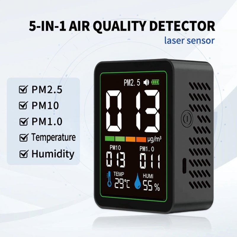 5-in-1 Indoor Particle Monitor with Laser Sensor, PM1.0 PM2.5 PM10 Tracking, Temperature & Humidity Display, LCD Color Screen, USB-C Rechargeable, Portable Design - Image 2