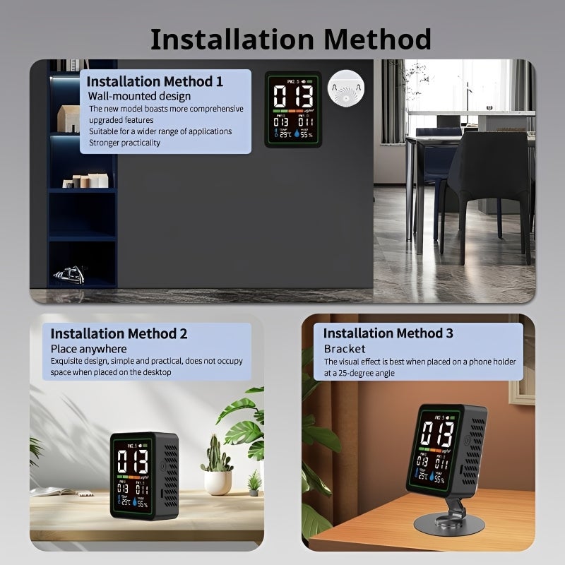 5-in-1 Indoor Particle Monitor with Laser Sensor, PM1.0 PM2.5 PM10 Tracking, Temperature & Humidity Display, LCD Color Screen, USB-C Rechargeable, Portable Design - Image 5