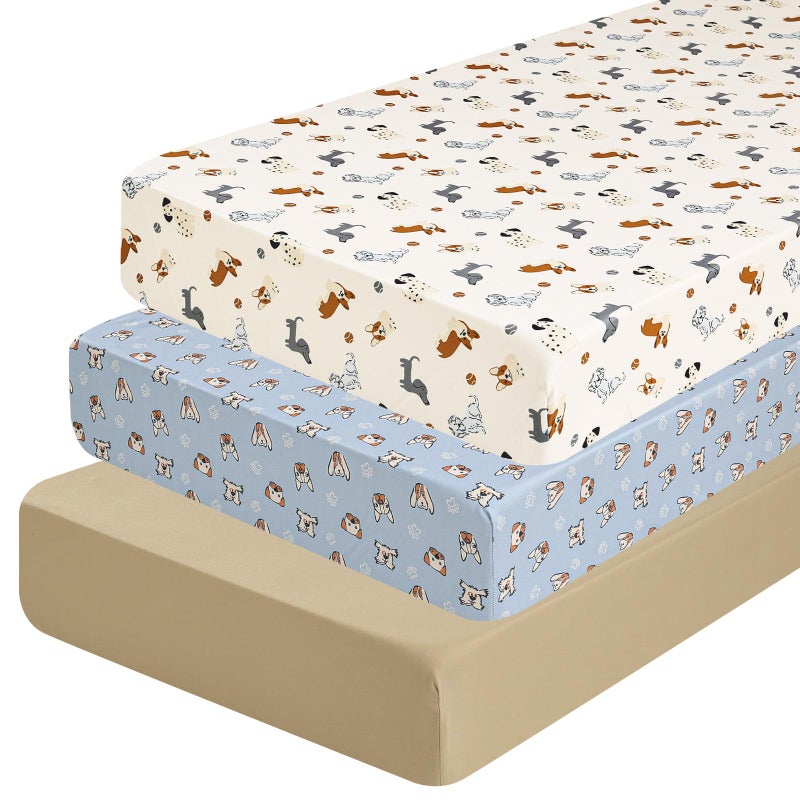 PHF 3 Pack Soft Pet Dogs Crib Sheets Fitted, Comfy Breathable Baby Sheets for Boys Girls, 28x52 Inches Fits Standard Crib and Toddler Mattresses, Pet Dogs - Image 1