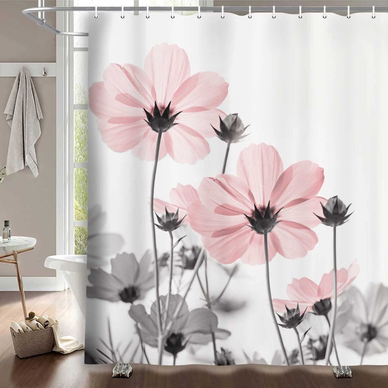 MERCHR Unique Floral Pink Shower Curtain for Bathroom Decor, Pink and Grey Daisy Flower Elegant Wildflower Design Farmhouse Shower Curtains with Hooks Set, 71 X 71 Inches - Image 1
