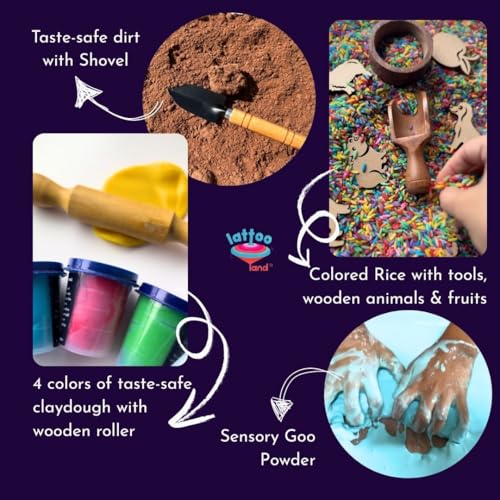 Lattooland Sensory Starter Kit for Kid | Taste-Safe Rice, Play Dirt, Clay Dough & Goo Powder | Wooden Farm Animals & Fruits | Child-Safe Sensory Wooden Tools | Transparent Tray | Bowl, Scoop & Roller - Image 3