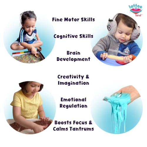 Lattooland Sensory Starter Kit for Kid | Taste-Safe Rice, Play Dirt, Clay Dough & Goo Powder | Wooden Farm Animals & Fruits | Child-Safe Sensory Wooden Tools | Transparent Tray | Bowl, Scoop & Roller - Image 5