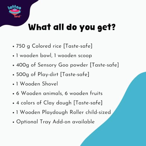 Lattooland Sensory Starter Kit for Kid | Taste-Safe Rice, Play Dirt, Clay Dough & Goo Powder | Wooden Farm Animals & Fruits | Child-Safe Sensory Wooden Tools | Transparent Tray | Bowl, Scoop & Roller - Image 4