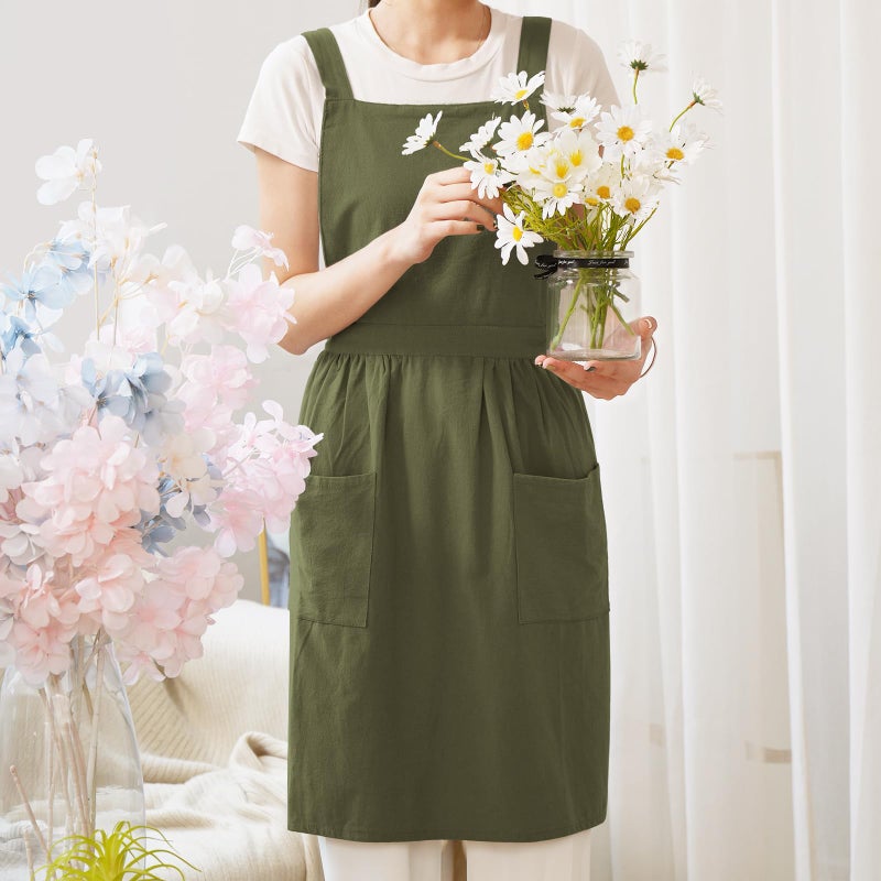 Pinknoke Cotton Linen Pinafore Apron Dress for Women with Pockets Cute Art Chef Aprons for Kitchen Baking Gardening Painting (Olive Green) - Image 3