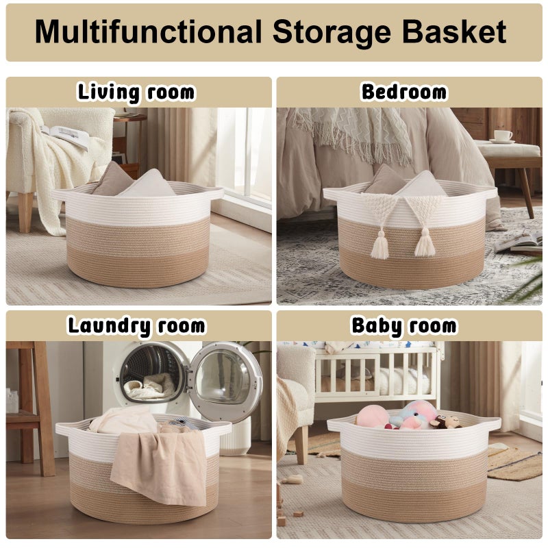 OIAHOMY 90L Blanket Basket for Living Room, Large Basket 23" x 23" x 13" with Handle, Laundry Hamper for Blankets, Pillows, Toy Storage for Kids, Dogs - Gardient Light Brown - Image 4