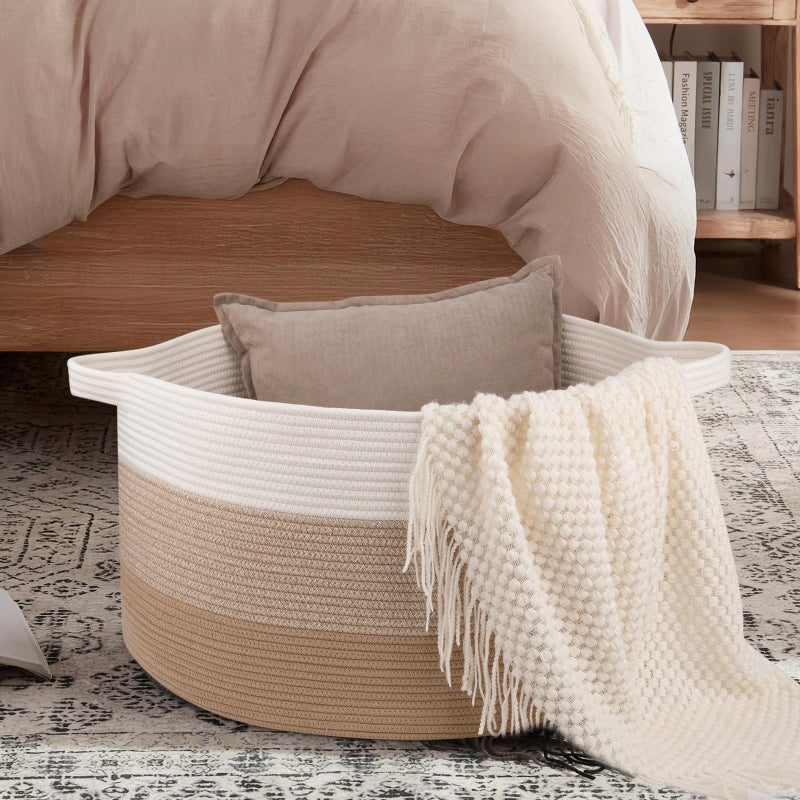 OIAHOMY 90L Blanket Basket for Living Room, Large Basket 23" x 23" x 13" with Handle, Laundry Hamper for Blankets, Pillows, Toy Storage for Kids, Dogs - Gardient Light Brown - Image 2