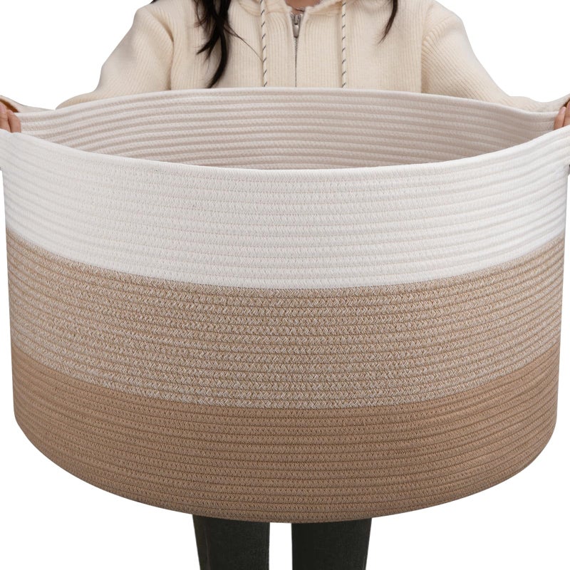 OIAHOMY 90L Blanket Basket for Living Room, Large Basket 23" x 23" x 13" with Handle, Laundry Hamper for Blankets, Pillows, Toy Storage for Kids, Dogs - Gardient Light Brown - Image 1
