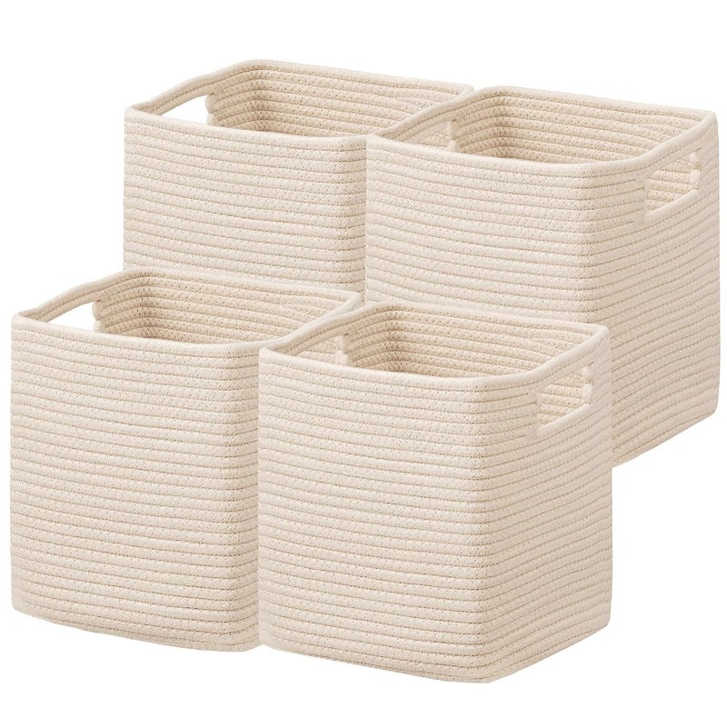 UBBCARE Set of 4 Storage Basket-11 X 10.5 X 10.5 In  Cotton Rope Basket for Shelves  Toys  Book  Cube Storage Bins with Handles  Woven Storage Basket for Organizing  Beige