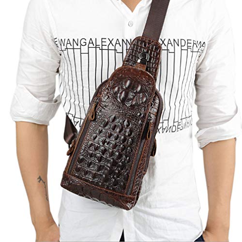 Hebetag Crocodile Genuine Leather Sling Bag Backpack for Men Travel Outdoor Hunting Hiking Camping Crossbody Shoulder Chest Pack Daypack Coffee - Image 2