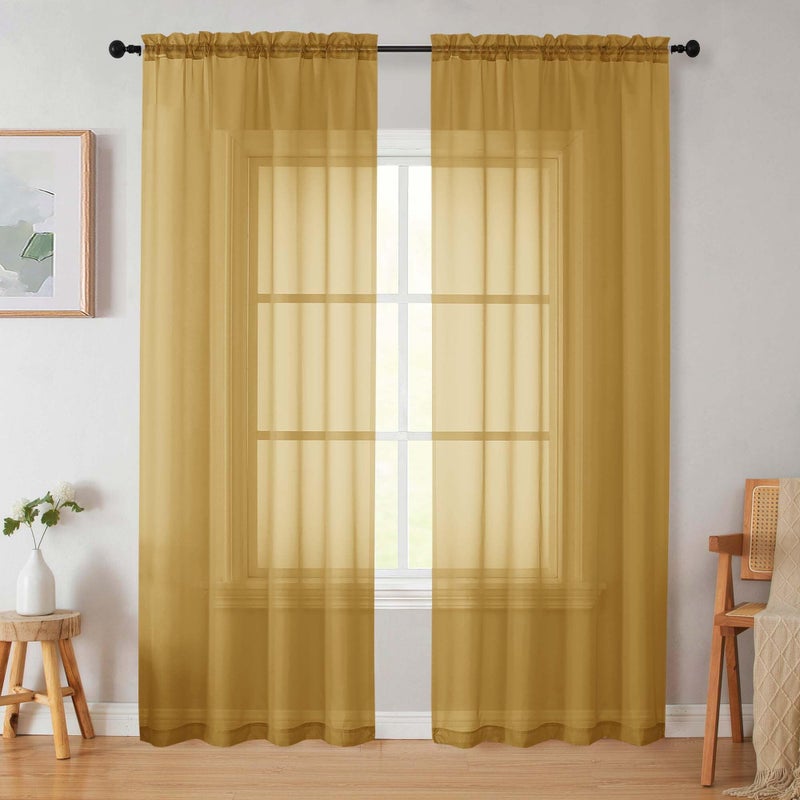 WelvetBLK Gold Sheer Curtains 84 Inches Long 2 Panels, Soft Airy Light Filtering Curtains for Bedroom Living Room, Modern Rod Pocket Privacy Drapes Window Treatments, Gold, Total Wide 84 Inch - Image 1