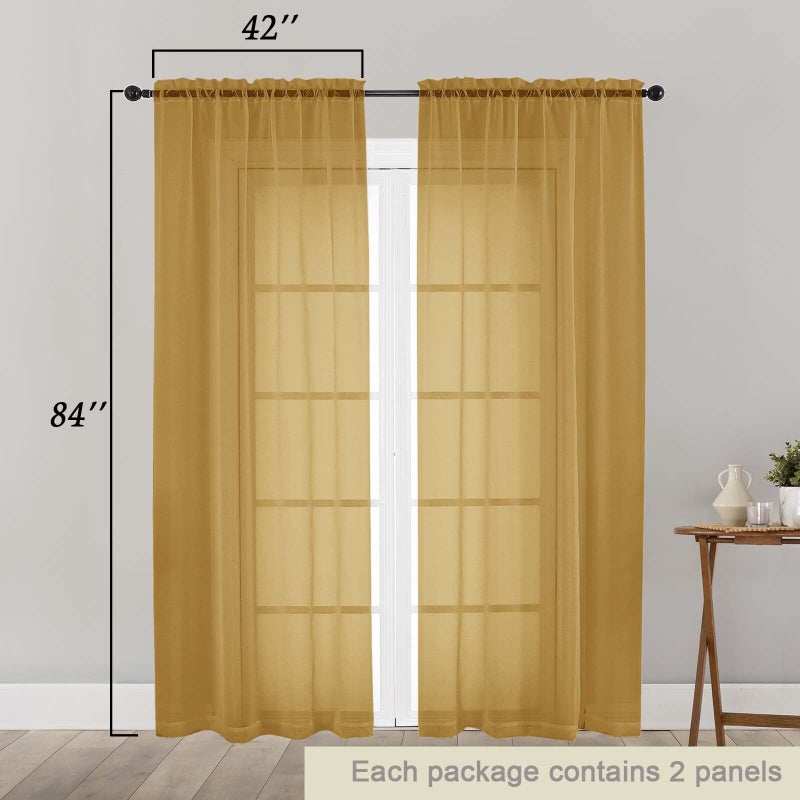 WelvetBLK Gold Sheer Curtains 84 Inches Long 2 Panels, Soft Airy Light Filtering Curtains for Bedroom Living Room, Modern Rod Pocket Privacy Drapes Window Treatments, Gold, Total Wide 84 Inch - Image 2