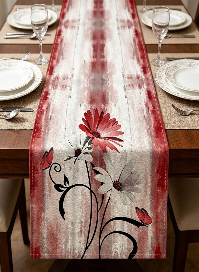 OYIMUA Soft Thick Waterproof Chenille Table Runner Spring Summer Pink Red Daisy Flowers Vintage Rustic Dining Table Decorations Indoor Outdoor 72 Inches Long - Image 1