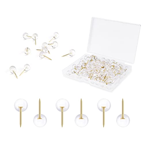 AIEX 100pcs Clear Round Push Pins Gold Ball Push Pins with Storage Box Round Thumb Tacks Bulk for Daily Study Office Data Storage Organizing Files Gold
