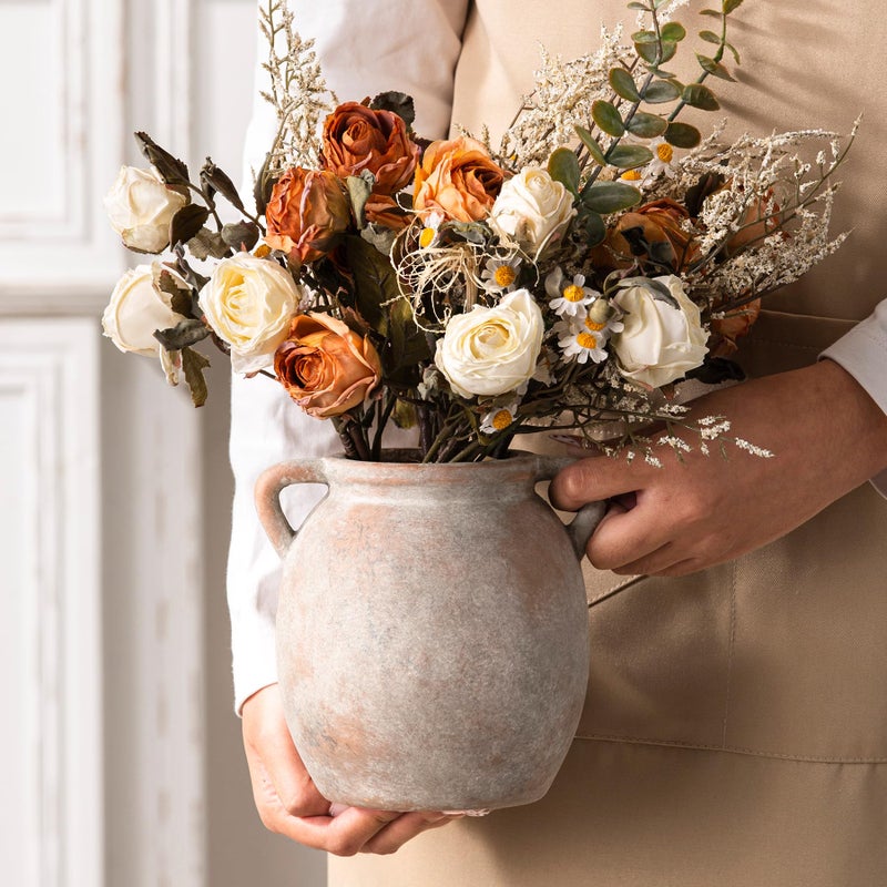 Dobbyby Ceramic Flower Small Vase 6 inch Farmhouse Rustic Vase Decorative Pottery Terracotta Vases for Home Decor Table Mantle Fireplace Living Room Bathroom Wedding Centerpiece - Image 2