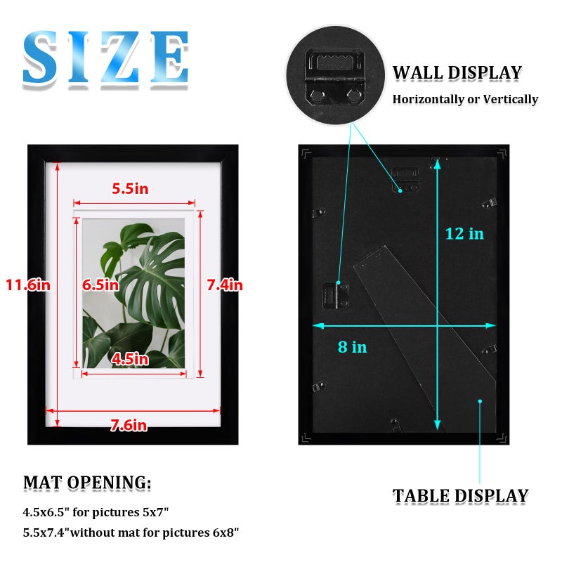 Egofine 8x12 إطارات الصورة مجموعة سوداء من 4 مصنوعة من خشب صلبة مغطاة بملفات زجاجية مملوءة بـ 5 × 7/6x8 أو 8x12 بدون حصيرة لتصاعد الجدول والجدار - Image 3