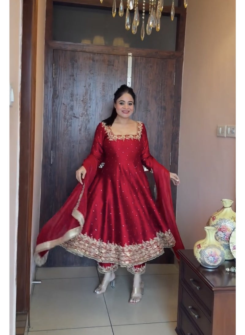 Super Asian Designer Anarkali Gown Set with Palazzo & Dupatta – Premium Embroidery & Fancy Lace Work - Image 2