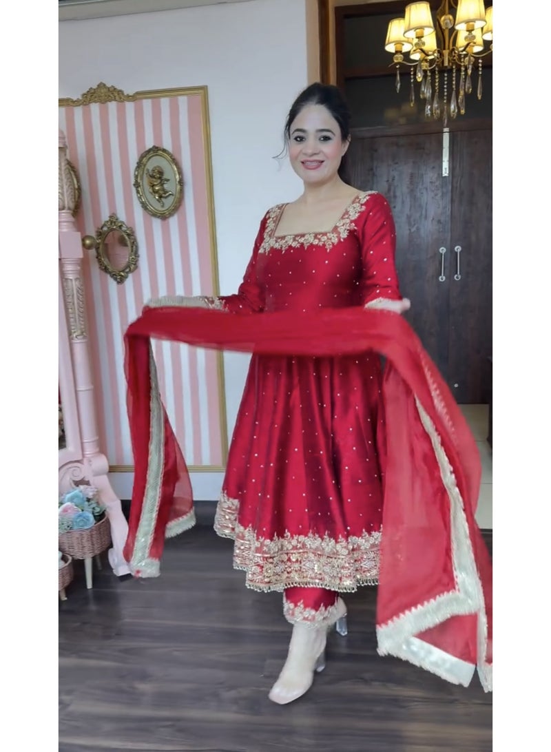 Super Asian Designer Anarkali Gown Set with Palazzo & Dupatta – Premium Embroidery & Fancy Lace Work - Image 1