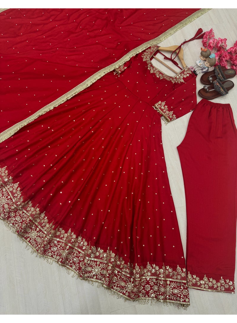 Super Asian Designer Anarkali Gown Set with Palazzo & Dupatta – Premium Embroidery & Fancy Lace Work - Image 4