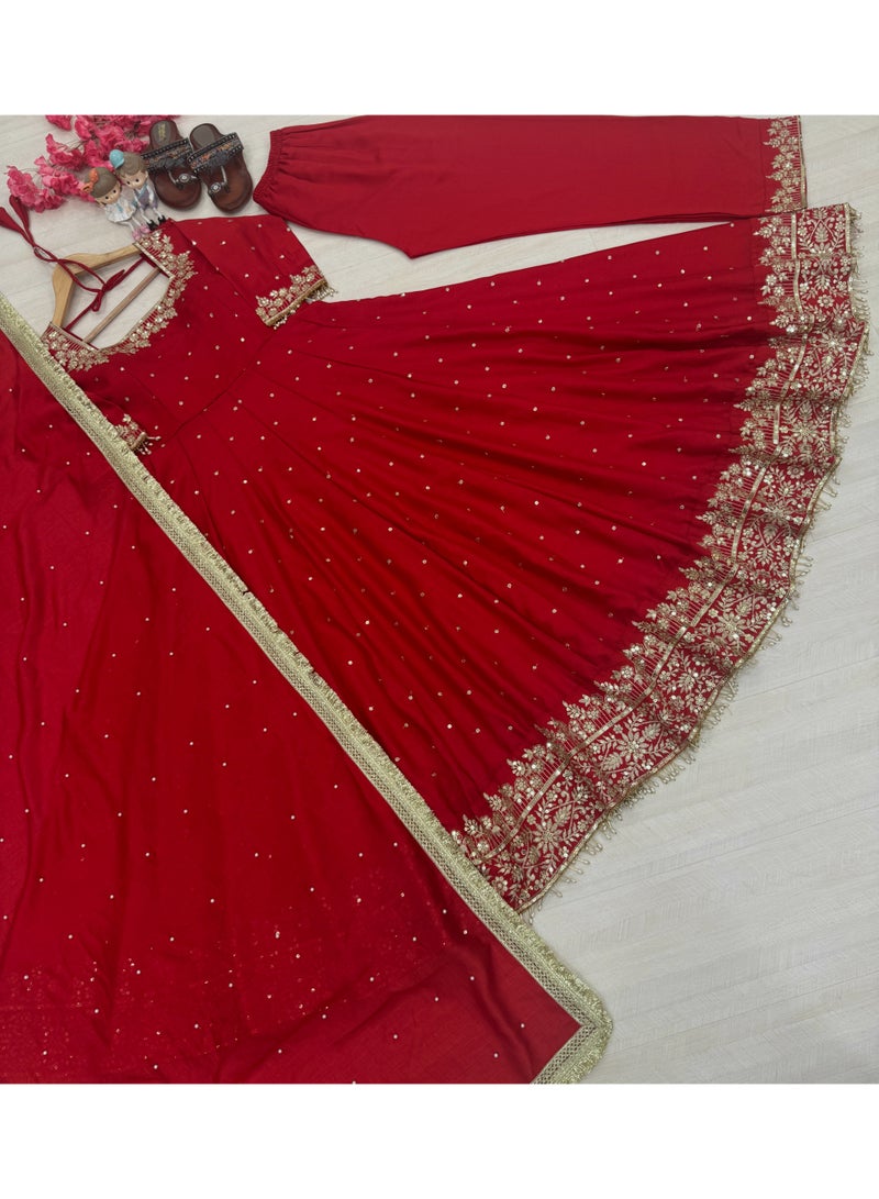 Super Asian Designer Anarkali Gown Set with Palazzo & Dupatta – Premium Embroidery & Fancy Lace Work - Image 3