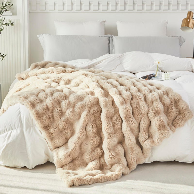 RYNGHIPY Faux Fur Blanket for Couch Fluffy Warm Throw Blanket for Sofa Bed Thick Furry Bubble Blanket (Camel, 51''x63'') - Image 2