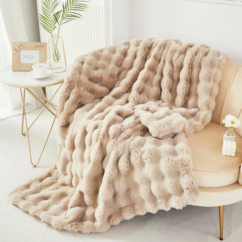 RYNGHIPY Faux Fur Blanket for Couch Fluffy Warm Throw Blanket for Sofa Bed Thick Furry Bubble Blanket (Camel, 51''x63'') - Image 1