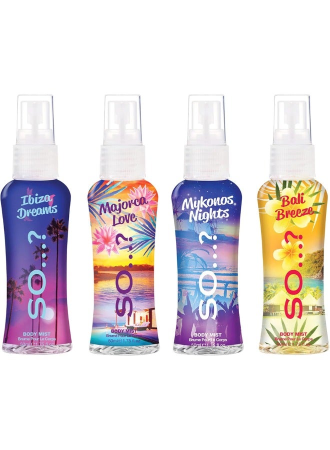 So..? So…? Escapes Womens Gift Set, with Ibiza Dream, Bali Breeze, Mykonos Nights & Majorca Love, Fragrance Spray Set (4 x 50ml) - Image 2