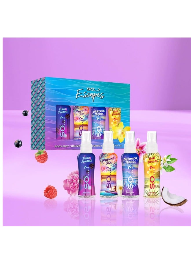 So..? So…? Escapes Womens Gift Set, with Ibiza Dream, Bali Breeze, Mykonos Nights & Majorca Love, Fragrance Spray Set (4 x 50ml) - Image 3
