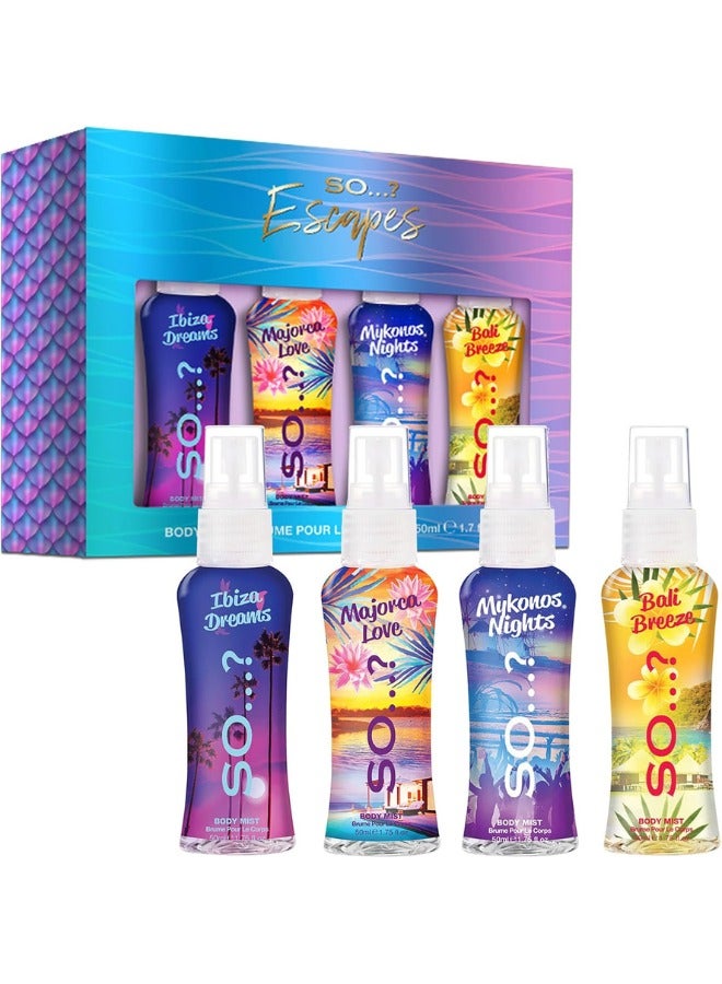 So..? So…? Escapes Womens Gift Set, with Ibiza Dream, Bali Breeze, Mykonos Nights & Majorca Love, Fragrance Spray Set (4 x 50ml) - Image 1
