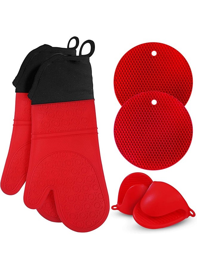 Arabest 6PCS Oven Mitts and Pot Holders Sets, Silicone Baking Gloves Heat Resistant Inner Soft Liner, Mini Oven Mittens and Hot Pads, Oven Gloves for Cooking, Grill and Bbq (Red)  - Image 1