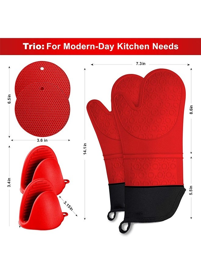Arabest 6PCS Oven Mitts and Pot Holders Sets, Silicone Baking Gloves Heat Resistant Inner Soft Liner, Mini Oven Mittens and Hot Pads, Oven Gloves for Cooking, Grill and Bbq (Red)  - Image 2