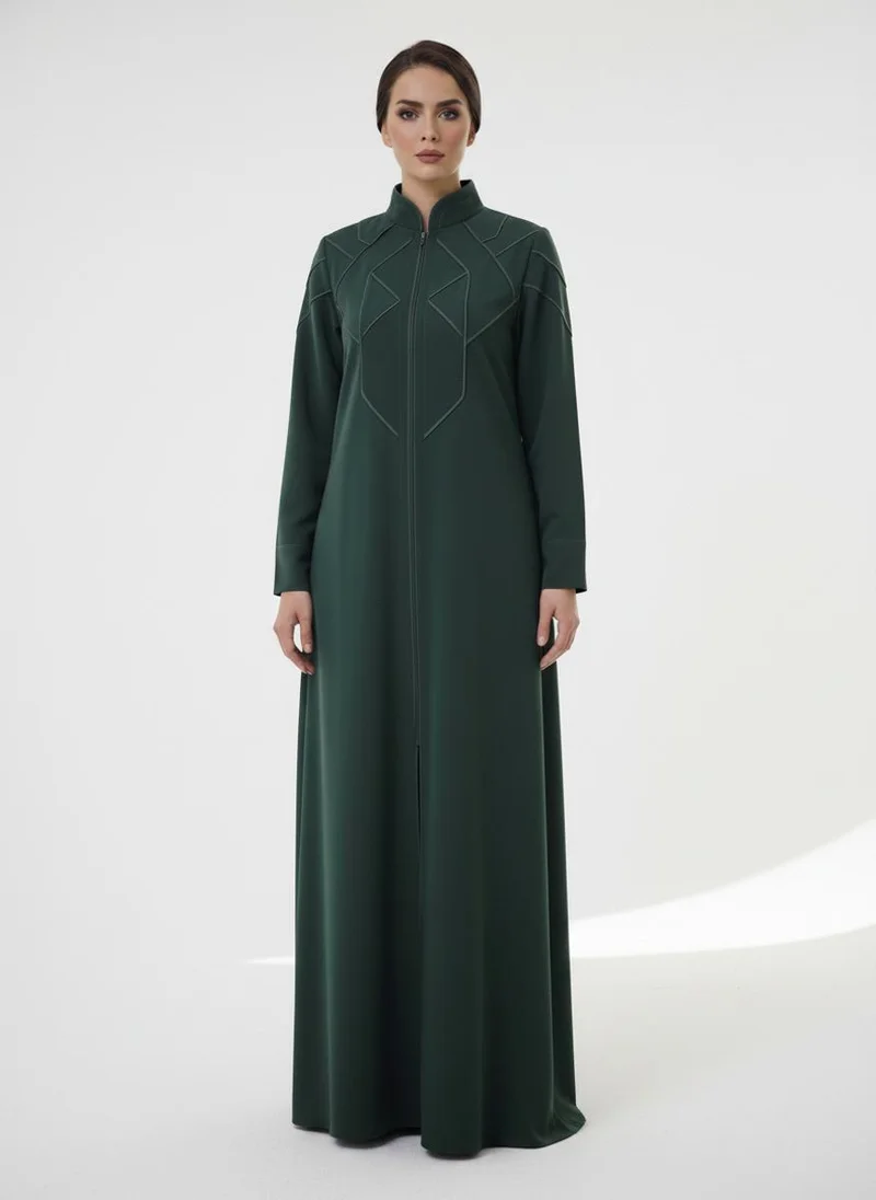 MSquare Fashion Geometric Panelled Design Green Abaya with Plain Chiffon Headscarf