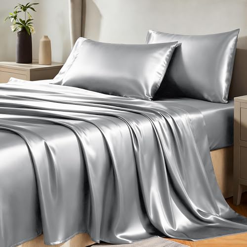 CozyLux Satin Sheets Twin XL Sheets 3 Piece Silky XL Twin Sheet Set Luxury Extra Long Light Grey Sheet with Smooth and Soft Microfiber Includes 1 Fitted Sheet 1 Flat Sheet and 1 Pillowcase