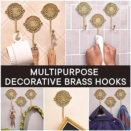 Indian-Shelf 3 Gold Wall Hooks - Decorative Boho Brass Shabby Chic Key Holder - Coat Rack Wall Mount - Vintage Hooks for Hanging - Image 3