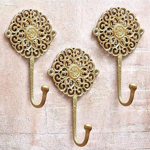 Indian-Shelf 3 Gold Wall Hooks - Decorative Boho Brass Shabby Chic Key Holder - Coat Rack Wall Mount - Vintage Hooks for Hanging - Image 1