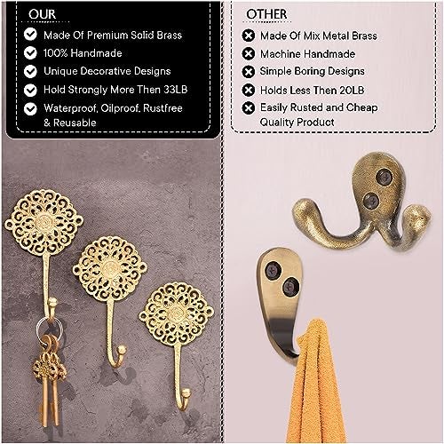 Indian-Shelf 3 Gold Wall Hooks - Decorative Boho Brass Shabby Chic Key Holder - Coat Rack Wall Mount - Vintage Hooks for Hanging - Image 4