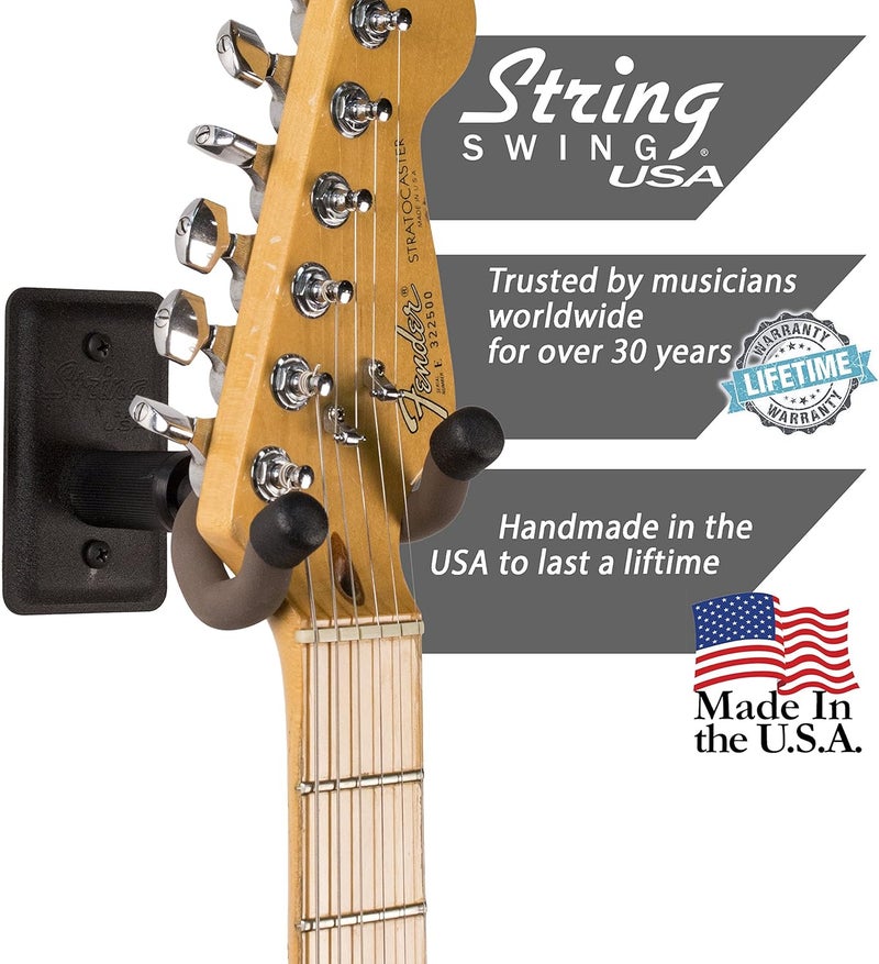String Swing Guitar Hanger - Holder for Electric Acoustic and Bass Guitars - Stand Accessories Home or Studio Wall - Musical Instruments Safe without Hard Cases - Black Heavy Duty Steel BCC11K 2-Pack - Image 3
