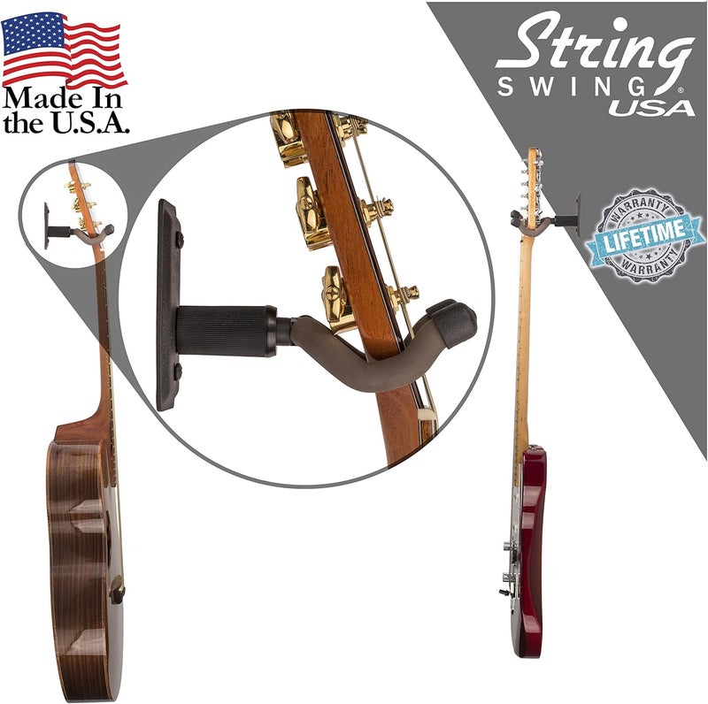 String Swing Guitar Hanger - Holder for Electric Acoustic and Bass Guitars - Stand Accessories Home or Studio Wall - Musical Instruments Safe without Hard Cases - Black Heavy Duty Steel BCC11K 2-Pack - Image 4