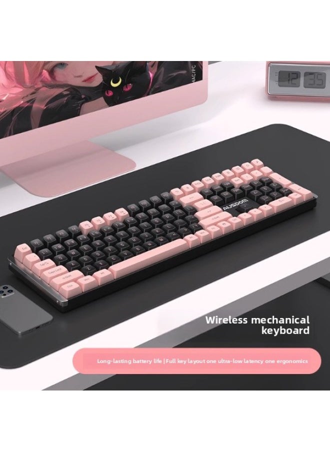 Wireless Mechanical Keyboard Tea Red Axis Laptop Desktop Computer Girls Game Office Mute Black Powder Retro Color Value-Color:Ttc Black Gold Axis (linear Axis) Taking Into Account Office/game-white Peach Oolong Keyboard