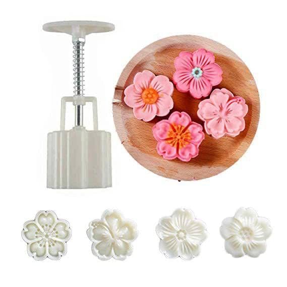 SHOPLUV Moon Cake Mold Set 4pcs 50g Cookie Stamps Cherry Blossom Floral Mid Autumn Festival Hand Press Cookie Dessert Cutter Pastry Decoration Flower Impressions Tool Mooncake Maker  - Image 1