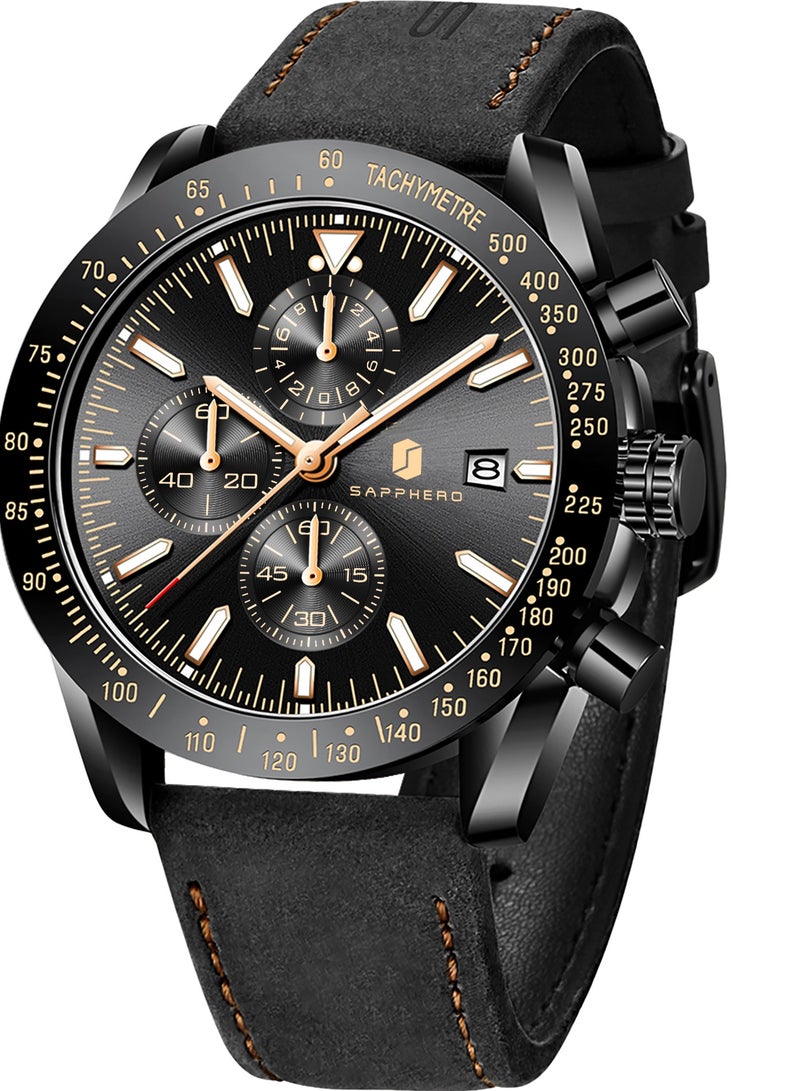 Sapphero Mens Watch Waterproof Chronograph Date Watch for Men Leather Strap Quartz Movement Analog Watch Business Casual Gift for Men - Image 1